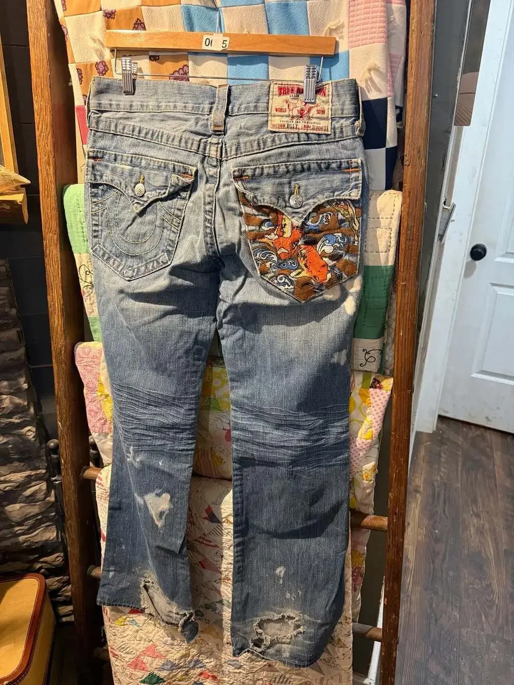 True Religion Billy Distressed Koi Fish Embroidered Pocket Jeans